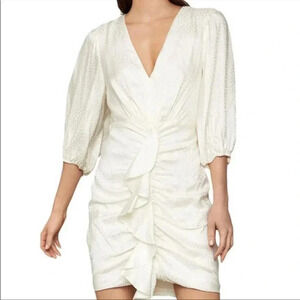 BCBGMAXARIZIA satin dot ruched ruffle mini dress